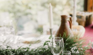 Banquet table with glasses and tableware